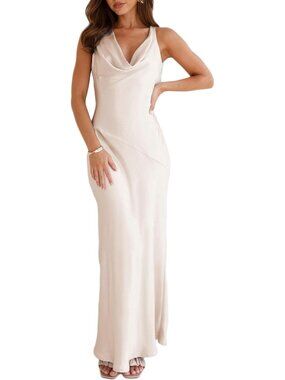 Women's Champagne Cowl Neck Summer Satin Backless Sleeveless Elegant Maxi Dress